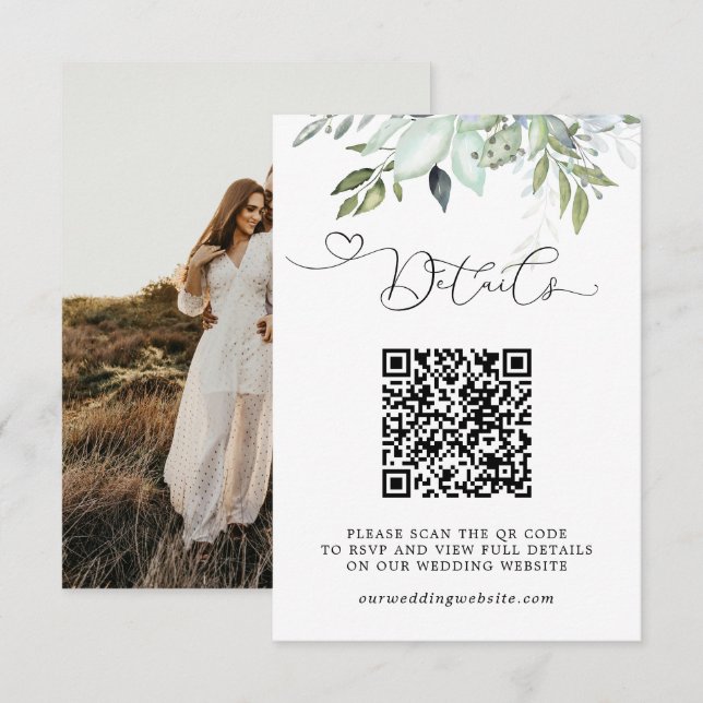 Carte D'accompagnement Simple feuillage de verdure Code QR et mariage pho (Devant / Derrière)