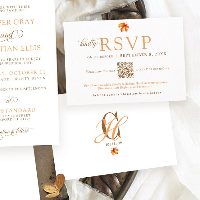 Carte D'accompagnement Simple Feuilles d'automne Russe Mariage d'automne  (Simple modern orange rust watercolor Fall leaf Autumn wedding invitation QR code website RSVP card)