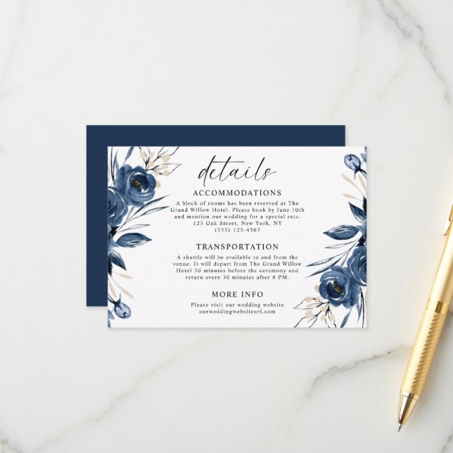 Carte D'accompagnement Simple Moderne Écriture Détails de Mariage Bleu Ma (Devant/Arrière en situation)