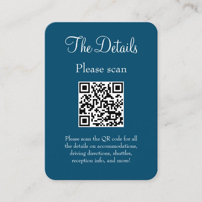 Carte D'accompagnement Simple moderne Ocean Blue Détails Mariage QR Code (Devant)