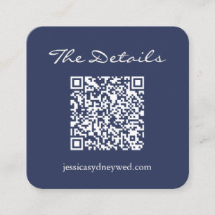 Carte D'accompagnement Simple Navy Blue Script Mariage Détails QR Code