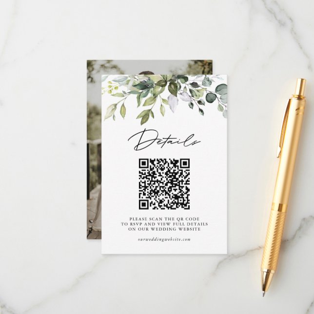 Carte D'accompagnement Simple QR Code et photo de mariage avec verdure d' (Devant/Arrière en situation)
