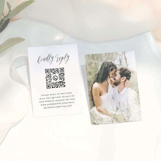 Carte D'accompagnement Simple Script Photo QR Code Wedding RSVP (Créateur téléchargé)