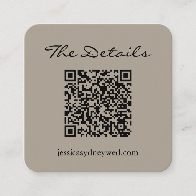 Carte D'accompagnement Simple Script Wedding RSVP Détails QR Code Taupe (Devant)