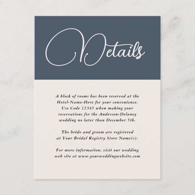 Carte D'accompagnement Simplicité moderne Marine Blue Détails Mariage (Devant)