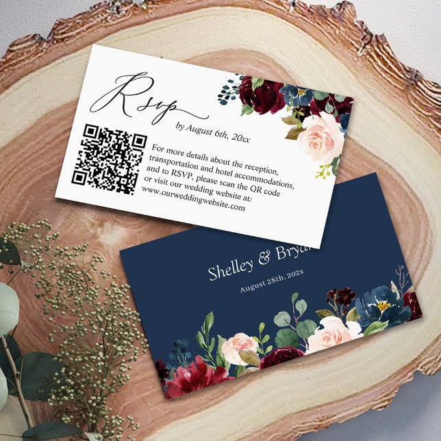 Carte D'accompagnement Site de Mariage Floral de la Marine Bourgogne RSVP (Créateur téléchargé)