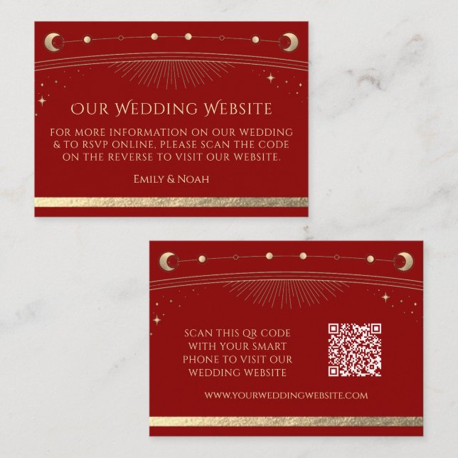Carte D'accompagnement Site de Mariage Mysical Red Gold RSVP QR Code (Devant / Derrière)