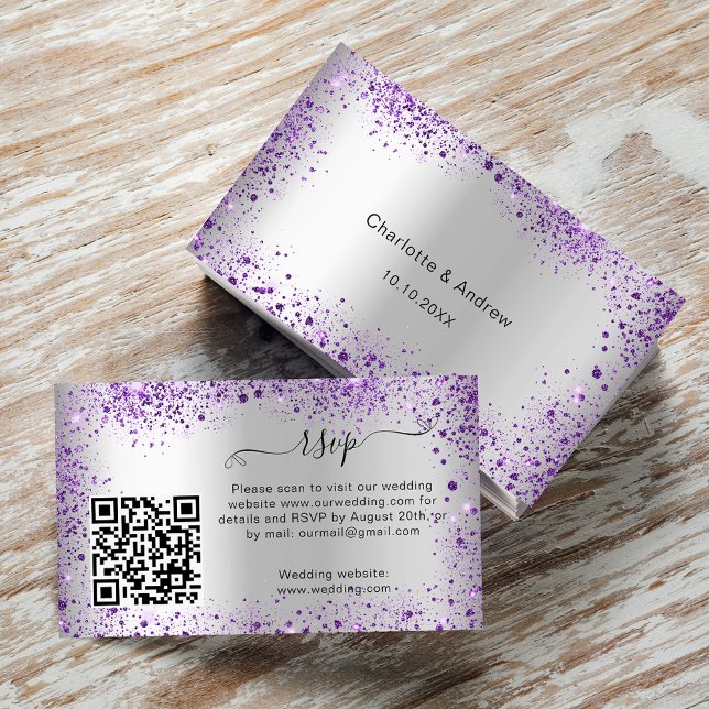 Carte D'accompagnement Site de réponse mariage violet argenté QR RSVP (Créateur téléchargé)