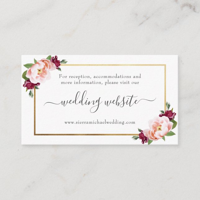 Carte D'accompagnement Site mariage | Blush Bourgogne Gold Floral (Devant)