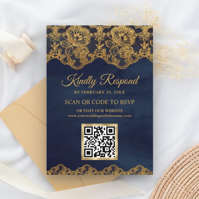 Carte D'accompagnement Site Mariage de Blue Gold Foil Lace QR Code RSVP (Créateur téléchargé)