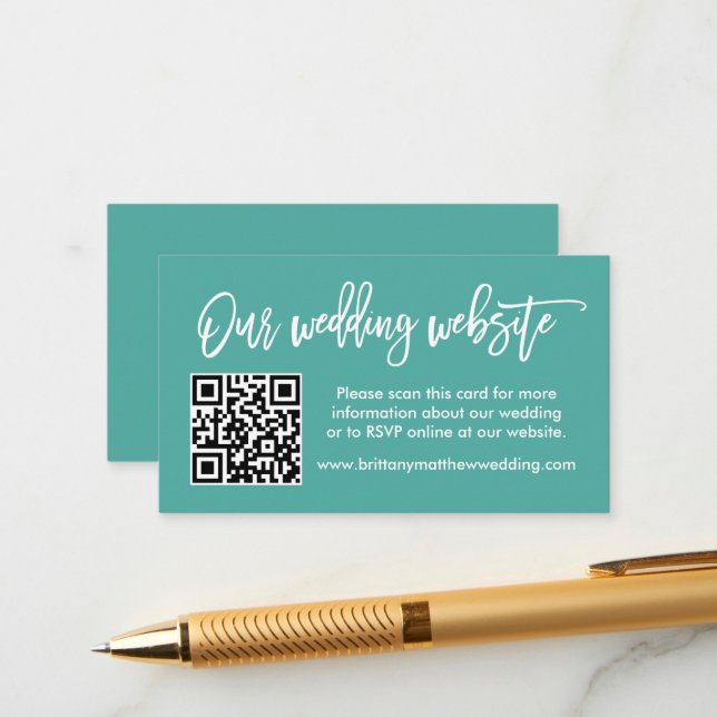 Carte D'accompagnement Site Mariage de script de brosse moderne QR Turquo (Devant/Arrière en situation)