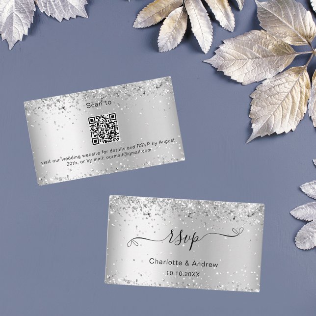 Carte D'accompagnement Site mariage étincelant Silver RSVP QR code (Créateur téléchargé)