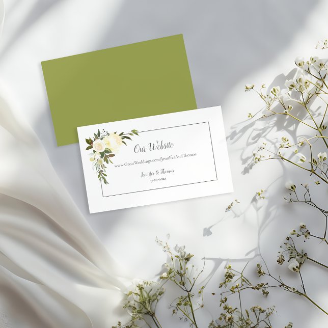 Carte D'accompagnement Site Mariage Floral de Roses Blanches | Vert olive (Créateur téléchargé)