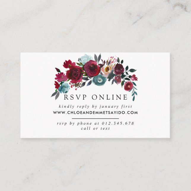 Carte D'accompagnement Site Mariage Floral Rouge Bourgogne Rose RSVP (Devant)