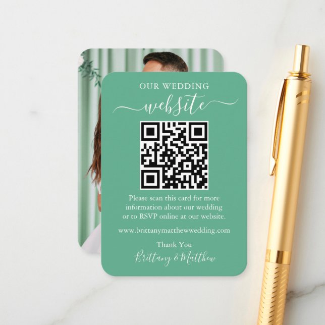 Carte D'accompagnement Site mariage Photo QR Neo Mint Green (Devant/Arrière en situation)