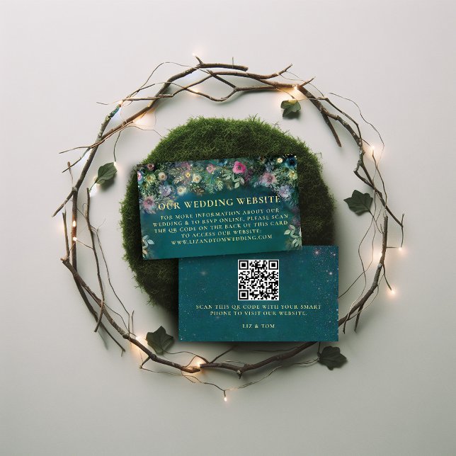 Carte D'accompagnement Site mariage QR Code Enchanted Forest Rose Arch (wedding website enclosure enchanted forest fairy tale woodland magical garden emerald green gold)