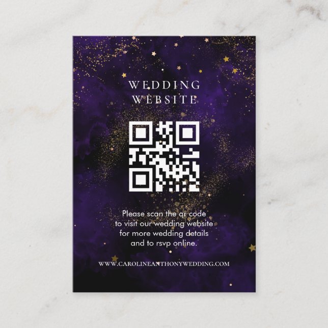 Carte D'accompagnement Site mariage Qr Code foncé violet magique or (Devant)