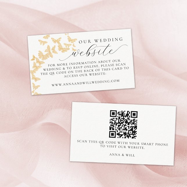 Carte D'accompagnement Site mariage QR Code Gold Butterflies Mariage (our wedding website gold butterflies enclosure card romantic elegant boho modern simple classy)