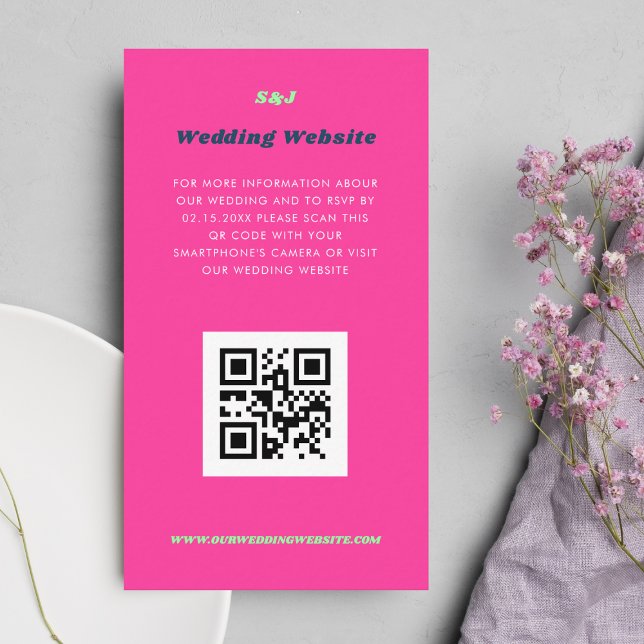 Carte D'accompagnement Site mariage QR Code RSVP Hot Pink Retro Super (Créateur téléchargé)