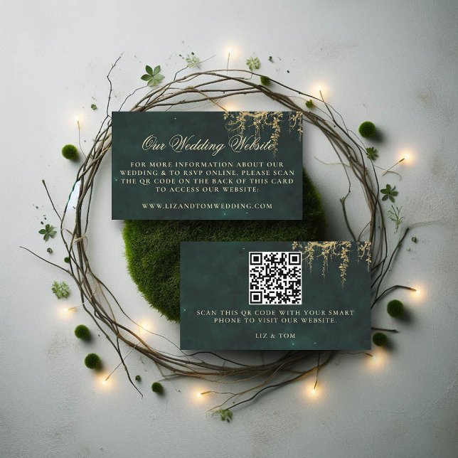 Carte D'accompagnement Site mariage QR Code Vins forestiers enchantés (wedding website enclosure enchanted forest fairytale gold vines calligraphy)