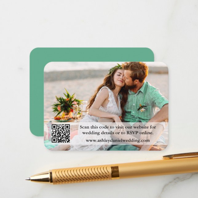 Carte D'accompagnement Site mariage QR Overlay Photo Neo Mint Green (Devant/Arrière en situation)
