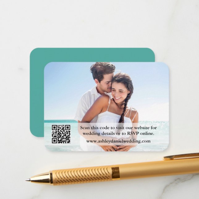 Carte D'accompagnement Site mariage QR Overlay Photo Turquoise (Devant/Arrière en situation)
