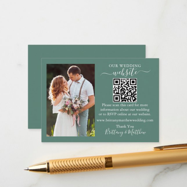Carte D'accompagnement Site mariage QR Photo Eucalyptus Green (Devant/Arrière en situation)