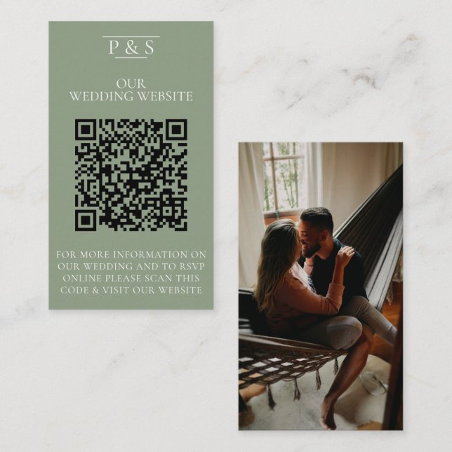 Carte D'accompagnement Site Mariage Sage Green QR Code Photo Rsvp (Devant / Derrière)