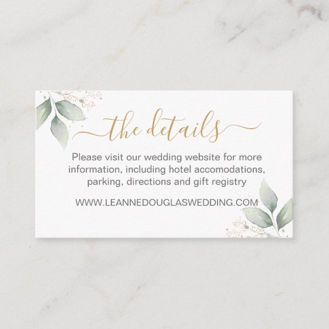 Carte D'accompagnement Site Web de détails de mariage avec feuillage vert (Devant)