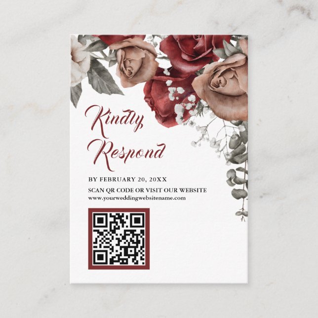 Carte D'accompagnement Site Web de Mariage avec Code QR RSVP Fleurs Rouge (Devant)