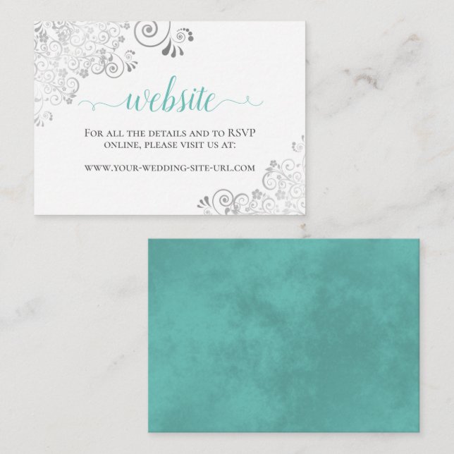 Carte D'accompagnement Site Web de Mariage Blanc Aqua ou Cyan & Broderie  (Devant / Derrière)