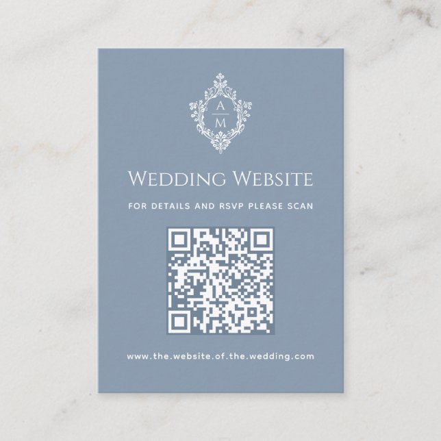 Carte D'accompagnement Site Web de Mariage Bleu Poussiéreux Code QR Crête (Devant)