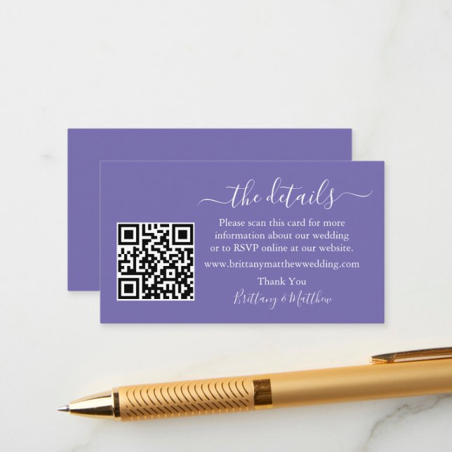 Carte D'accompagnement Site Web de Mariage Calligraphié avec QR Periwinkl (Devant/Arrière en situation)