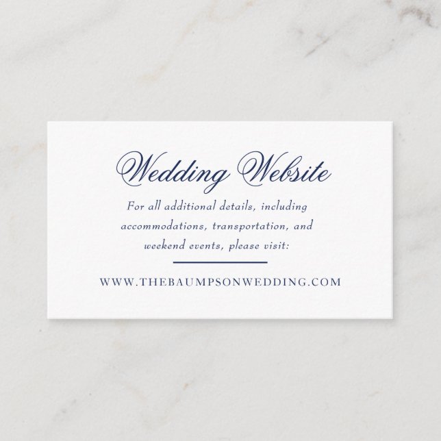 Carte D'accompagnement Site Web de Mariage de script blanc et marine (Devant)