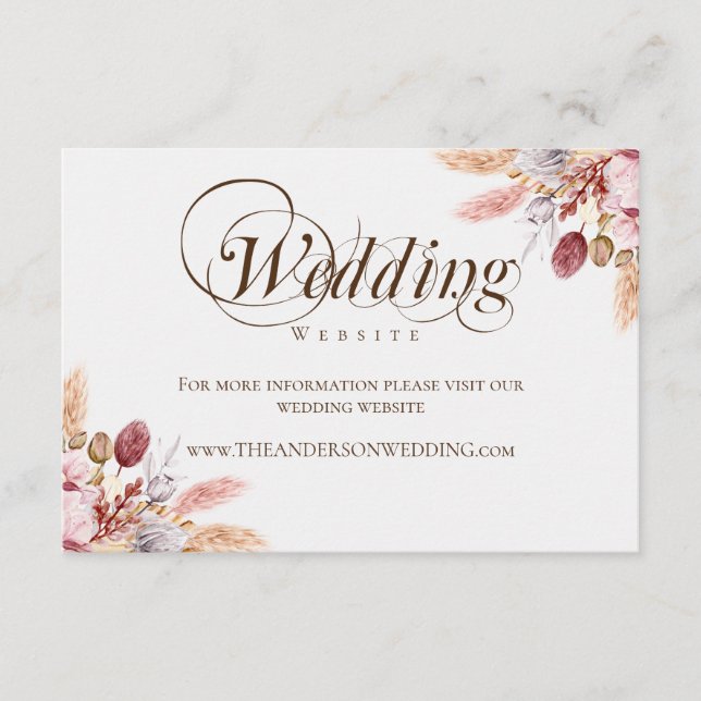 Carte D'accompagnement Site Web de Mariage Élégant Boho Herbe de Pampas (Devant)
