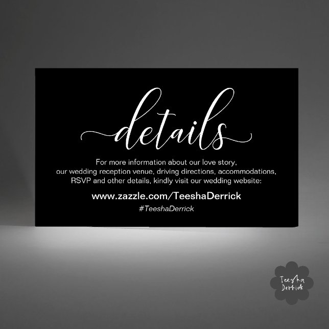 Carte D'accompagnement Site Web de Mariage Élégant Noir et Blanc Moderne  (Modern Elegant Gold Cream Script Wedding Website Enclosure Card in Classy Black and White)