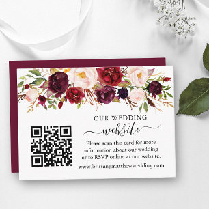 Carte D'accompagnement Site Web de Mariage Floral Bourgogne Aquarelle QR