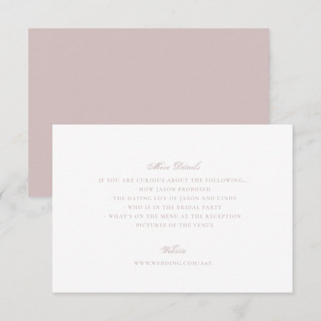 Carte D'accompagnement Site Web de Mariage Formel Rose Poussiéreuse Rose  (Devant / Derrière)