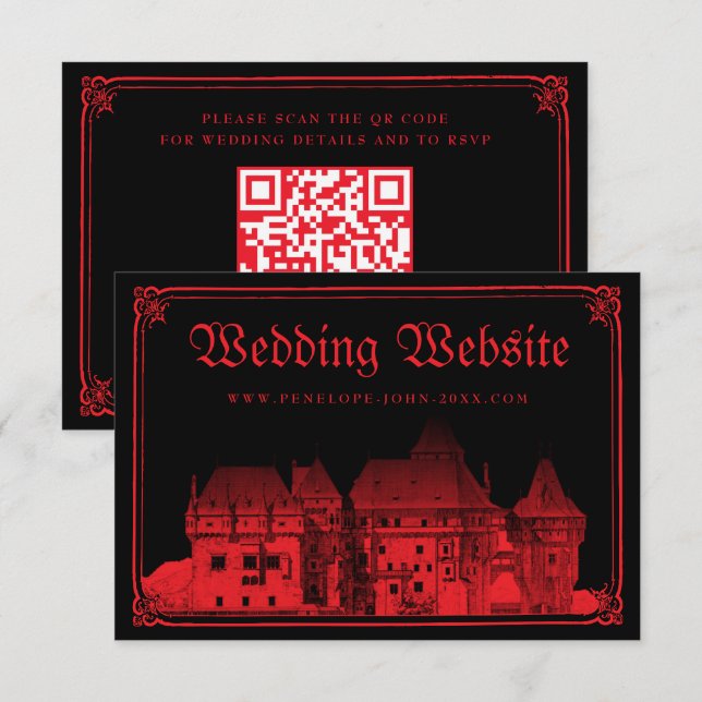 Carte D'accompagnement Site Web de Mariage Gothique Château Bordure Noir  (Devant / Derrière)