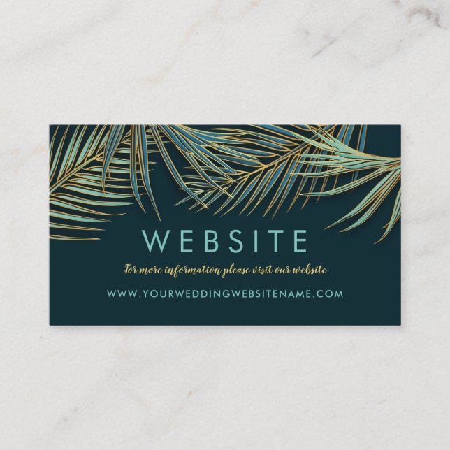 Carte D'accompagnement Site Web de mariage moderne Palm Gold Tropical Bea (Devant)