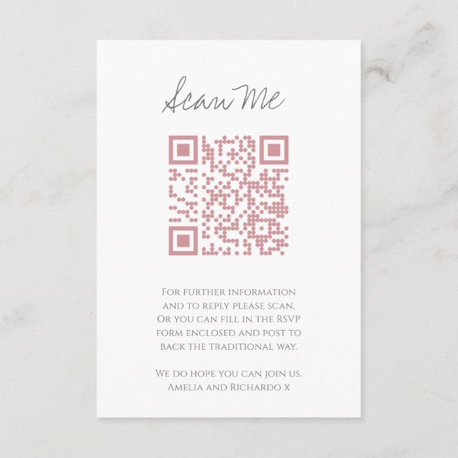 Carte D'accompagnement Site web de mariage monogramme code QR rose scanne (Dos)