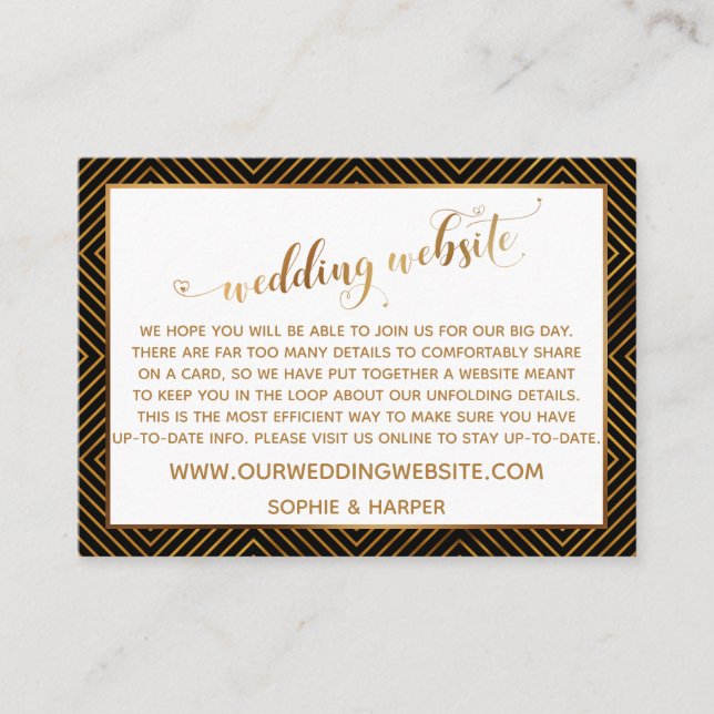 Carte D'accompagnement Site Web de Mariage Noir Script Cœurs Diamants Or (Devant)