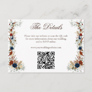Carte D'accompagnement Site Web de Mariage QR Bleu Nuit & Floral Orange B