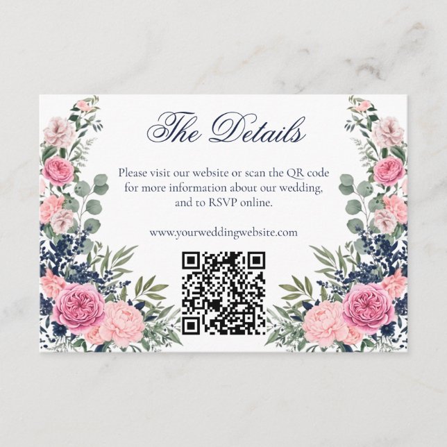 Carte D'accompagnement Site Web de Mariage QR Floral Vert Navy Rose (Devant)