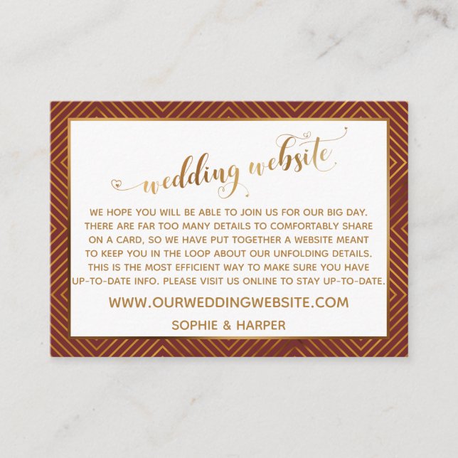 Carte D'accompagnement Site Web de Mariage Script Cœur Diamant Or Bourgog (Devant)