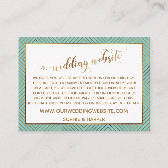 Carte D'accompagnement Site Web de Mariage Script Cœur Diamant Turquoise (Devant)