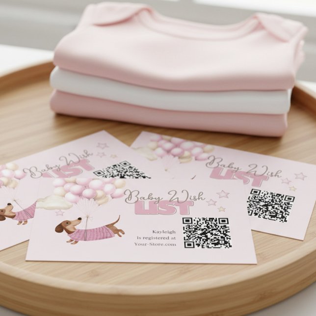 Carte D'accompagnement Site Web de Registre de Bébé Code QR Teckel Rose (Dachshund Teenie Weenie QR Code Card - Girl Baby Shower stationery.)