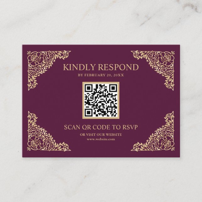 Carte D'accompagnement Site Web de Réponse Mariage Code QR Cadre Prune et (Devant)