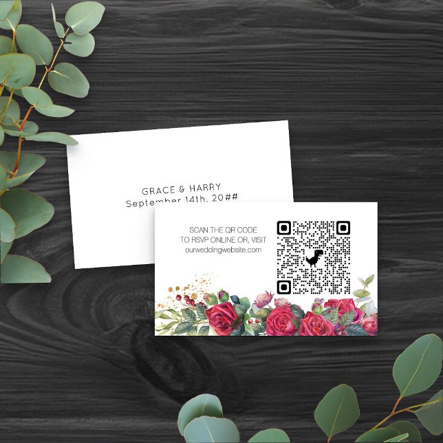 Carte D'accompagnement Site web en ligne RSVP QR Code Red Rose Mariage (Romantic floral qr code wedding website card from my Red Rose and Eucalyptus Wedding Collection)