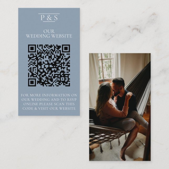 Carte D'accompagnement Site Web Mariage bleu Dusty QR Code Photo Rsvp (Devant / Derrière)
